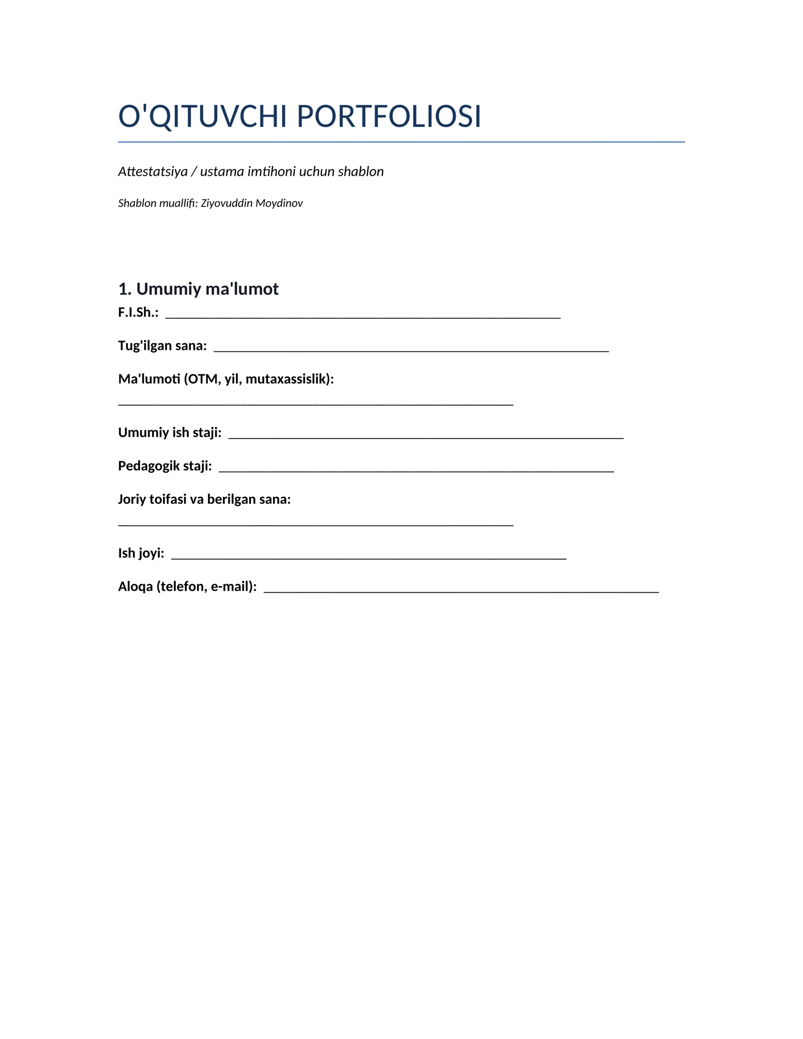 O'QITUVCHI PORTFOLIOSI