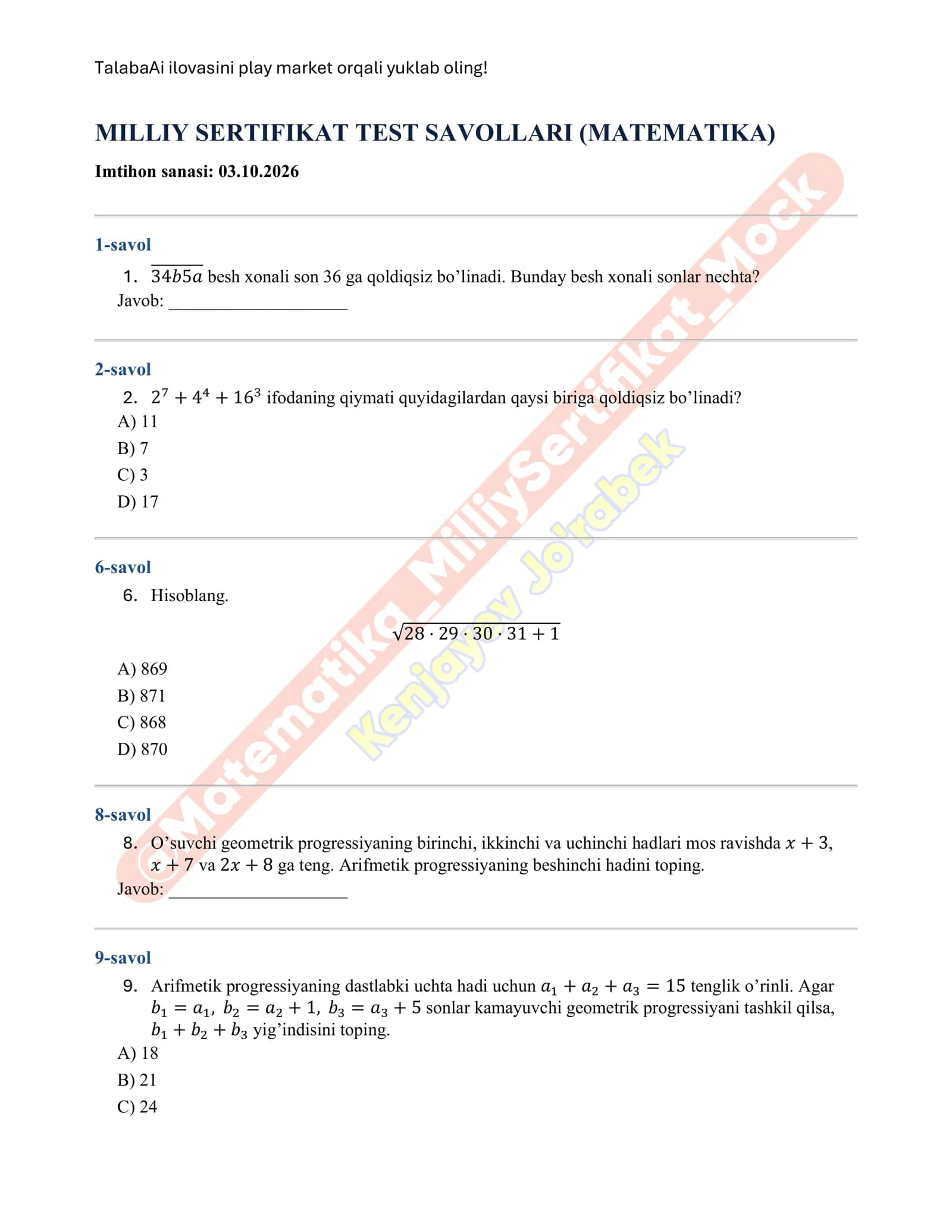 MILLIY SERTIFIKAT TEST SAVOLLARI (MATEMATIKA)