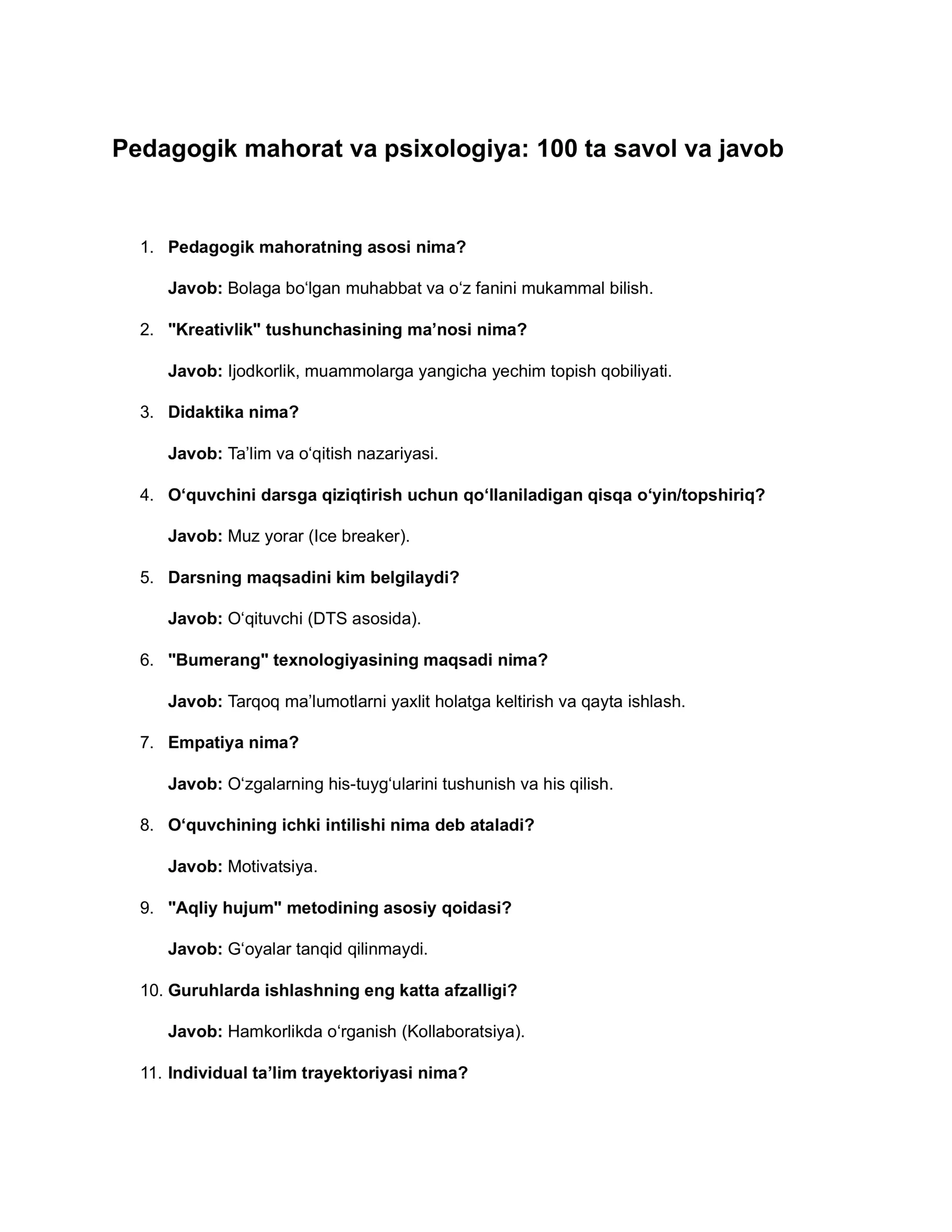 Pedagogik mahorat va psixologiya: 100 ta savol va javob