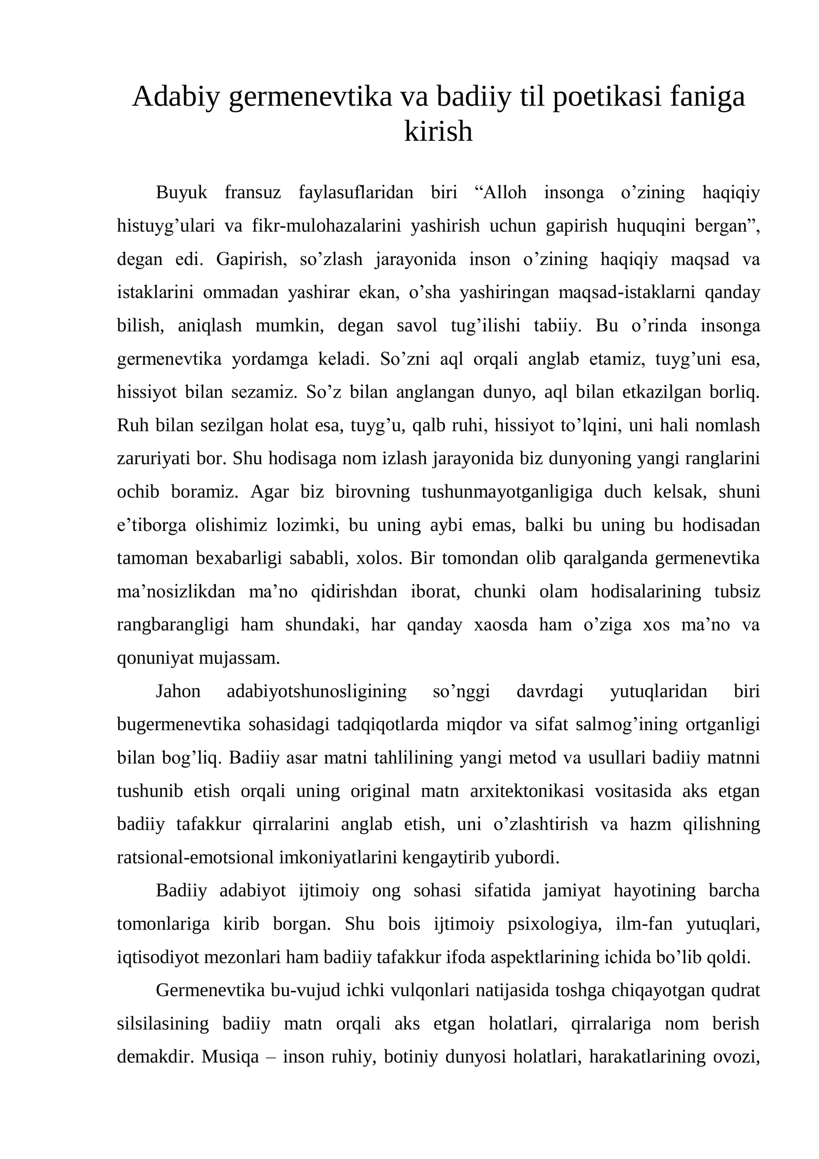 Adabiy germenevtika va badiiy til poetikasi faniga kirish