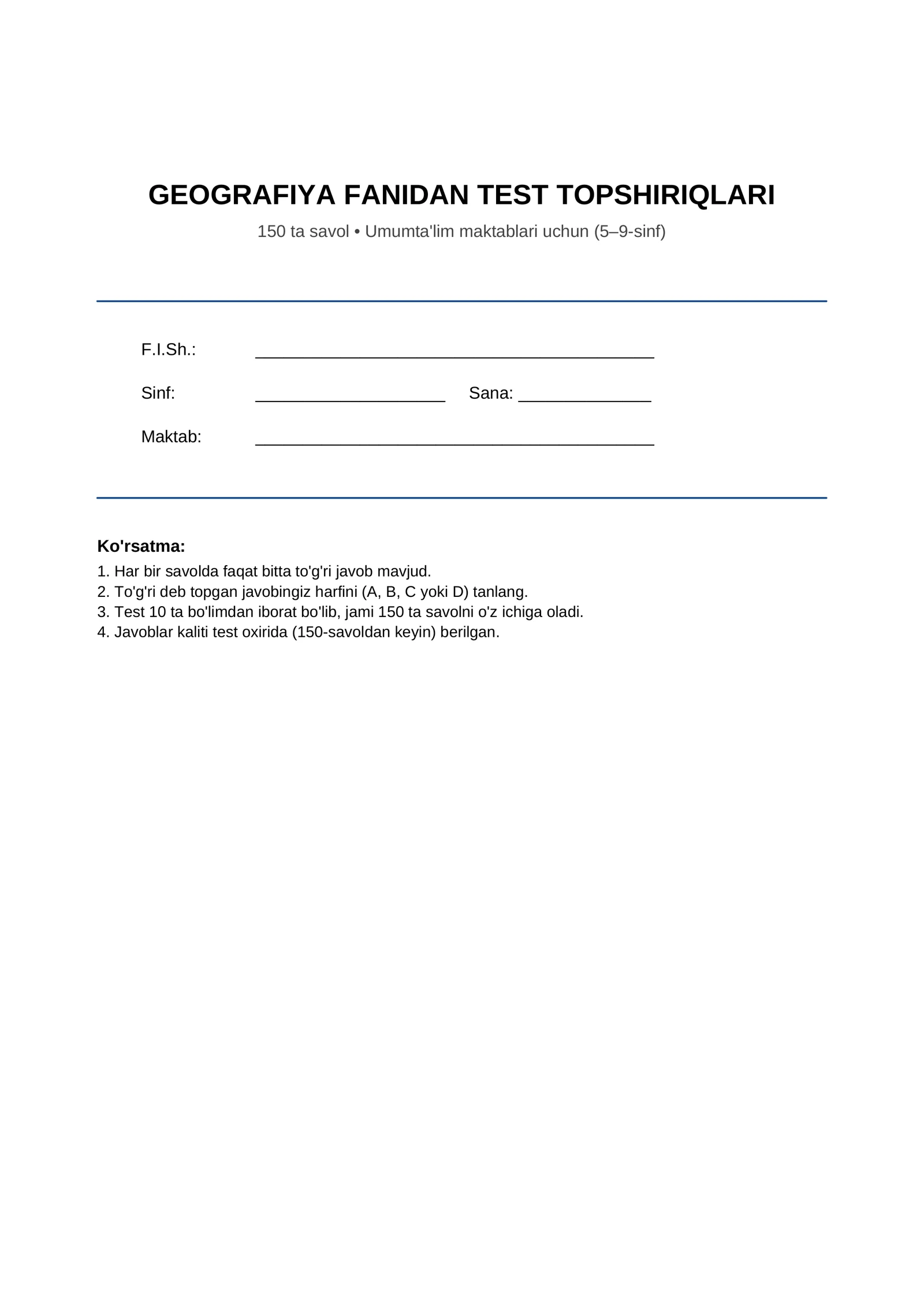 GEOGRAFIYA FANIDAN TEST TOPSHIRIQLARI