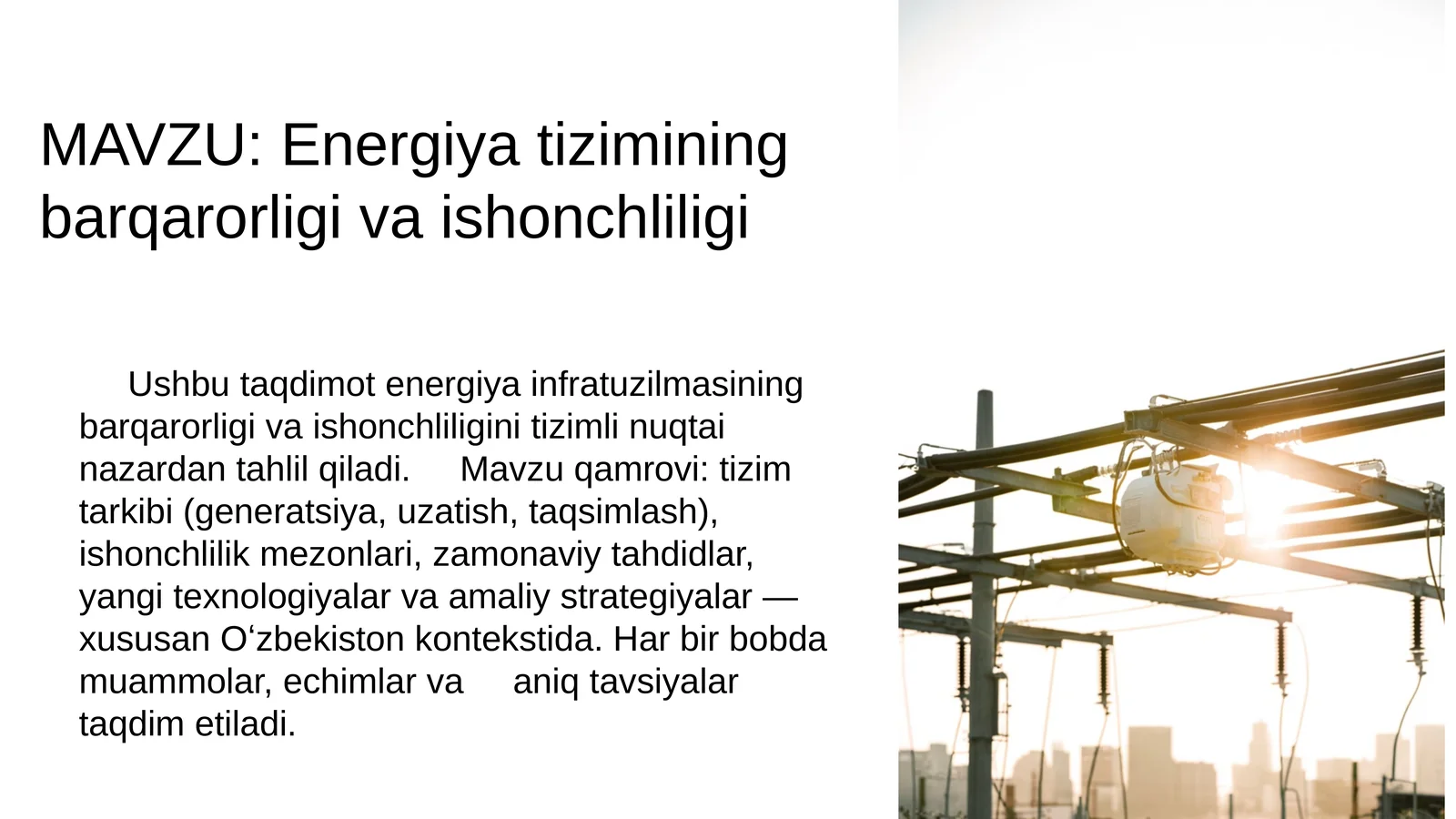 Energiya tizimining barqarorligi va ishonchliligi