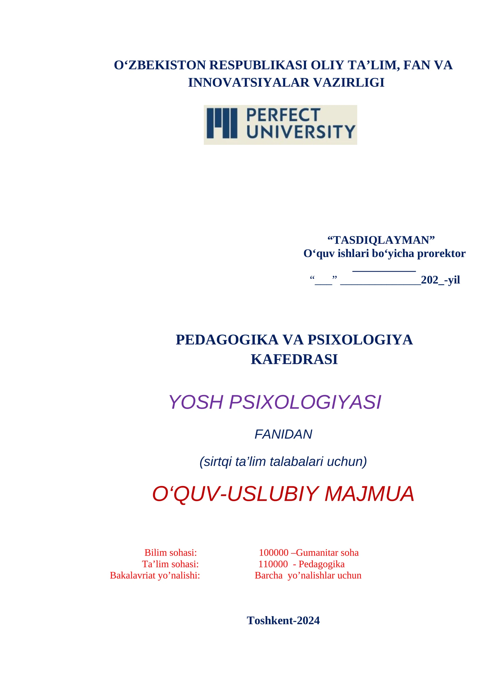 YOSH PSIXOLOGIYASI FANIDAN O‘QUV-USLUBIY MAJMUA