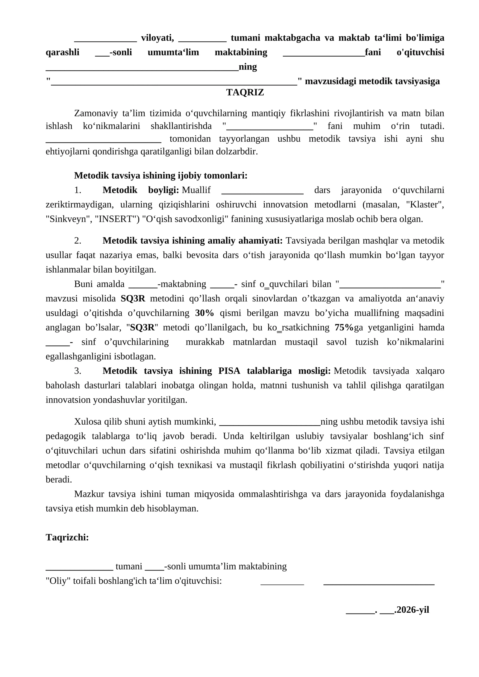 Ommalashtirish bo'yicha metodik tavsiya ishiga taqriz