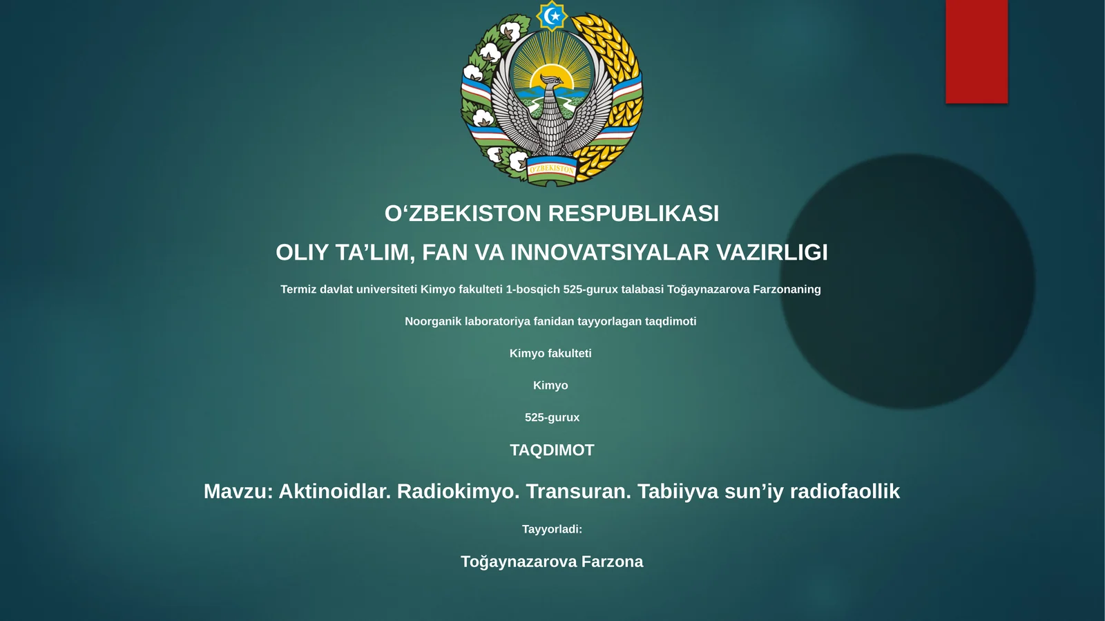 Aktinoidlar. Radiokimyo. Transuran. Tabiiyva sunʼiy radiofaollik