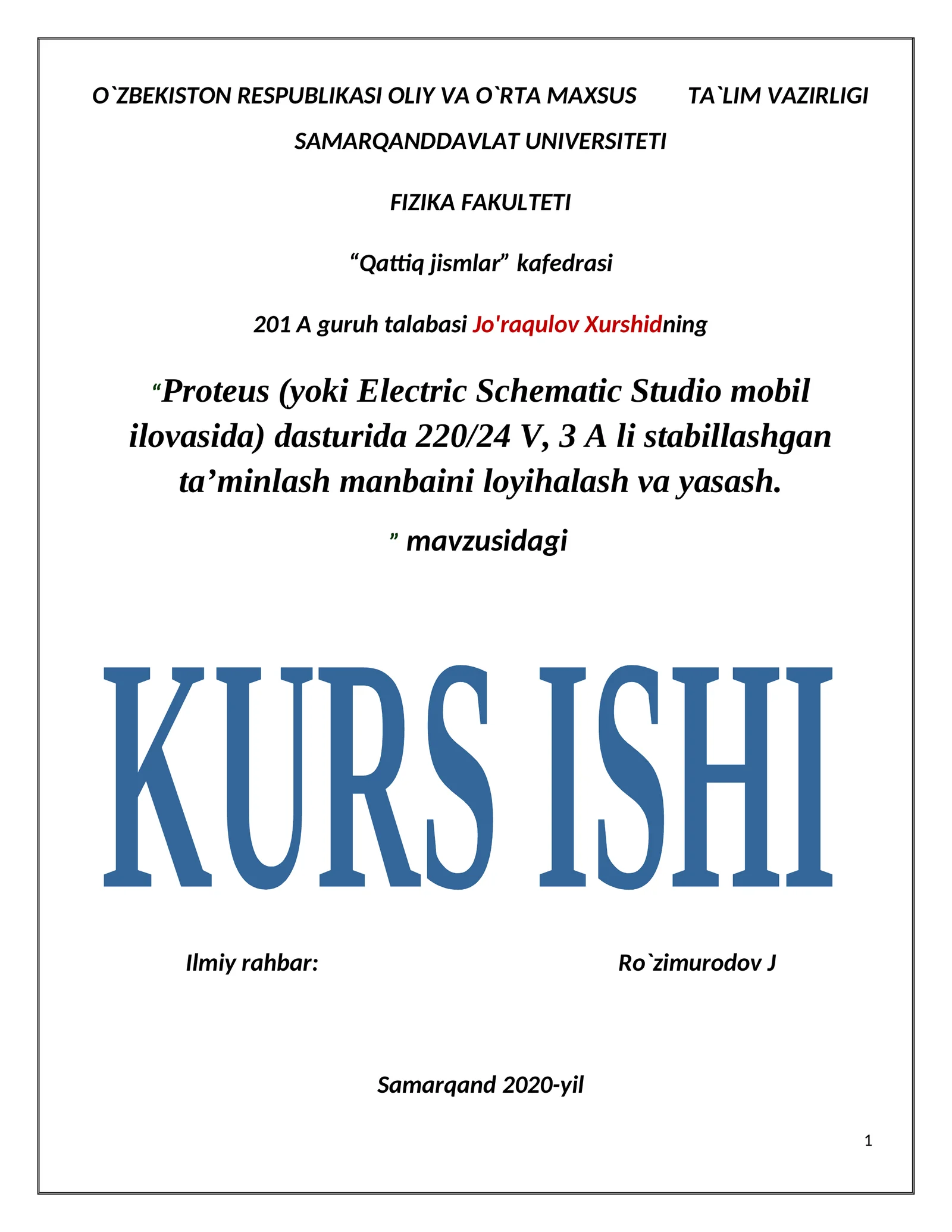 Proteus (yoki Electric Schematic Studio mobil ilovasida) dasturida 220/24 V, 3 A li stabillashgan ta’minlash manbaini loyihalash va yasash