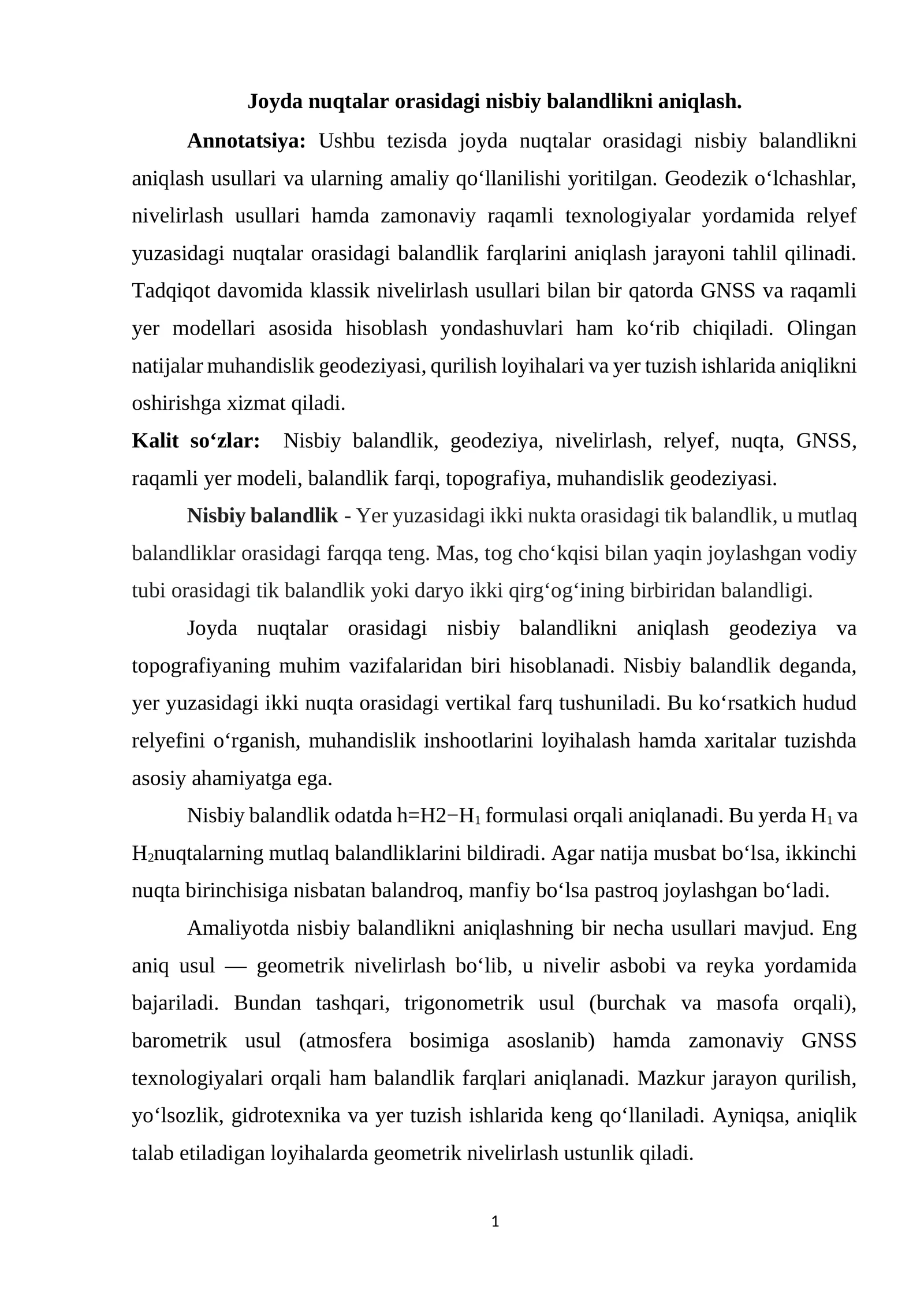 Joyda nuqtalar orasidagi nisbiy balandlikni aniqlash.