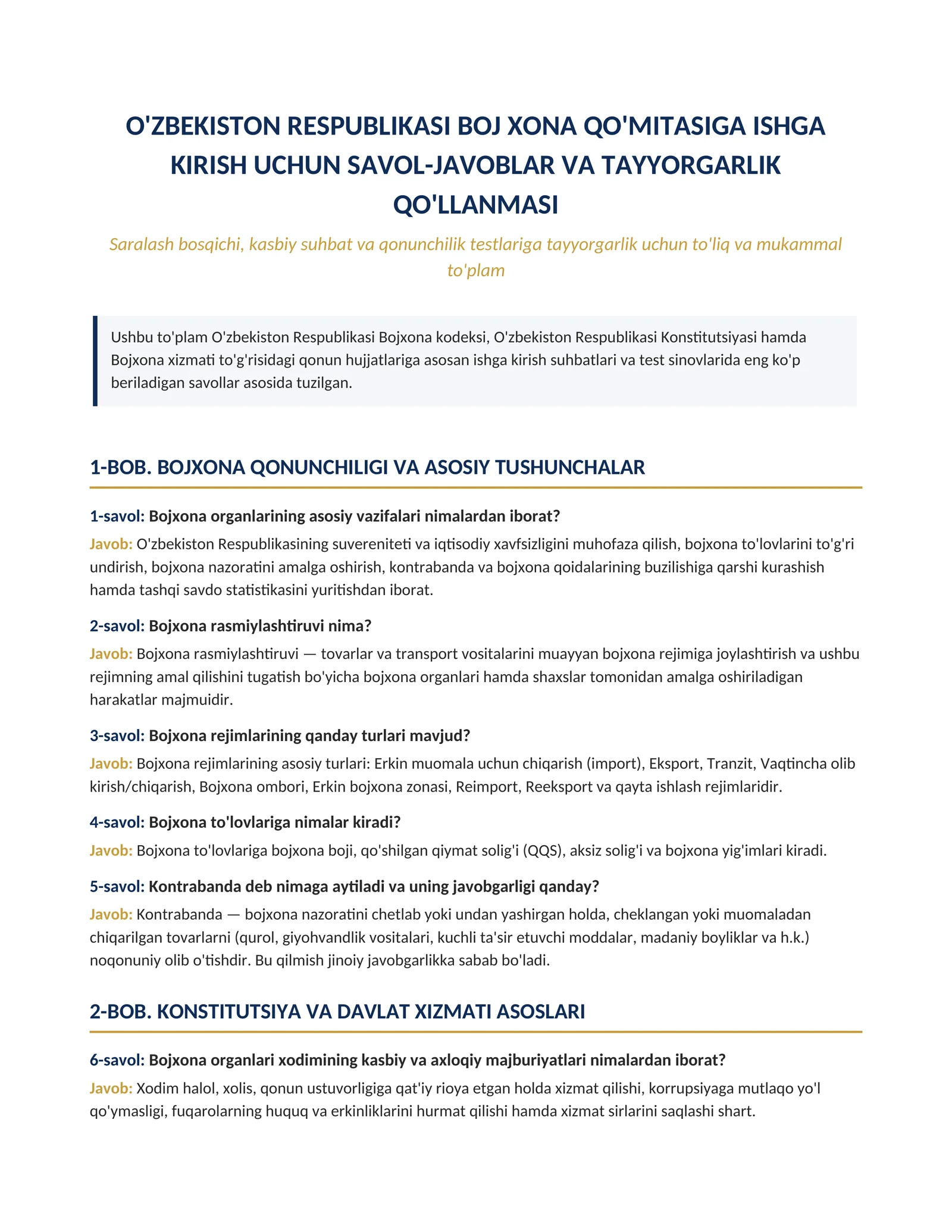 Bochxona qo'mitasiga ishga kirish uchun savol javoblar to'plami