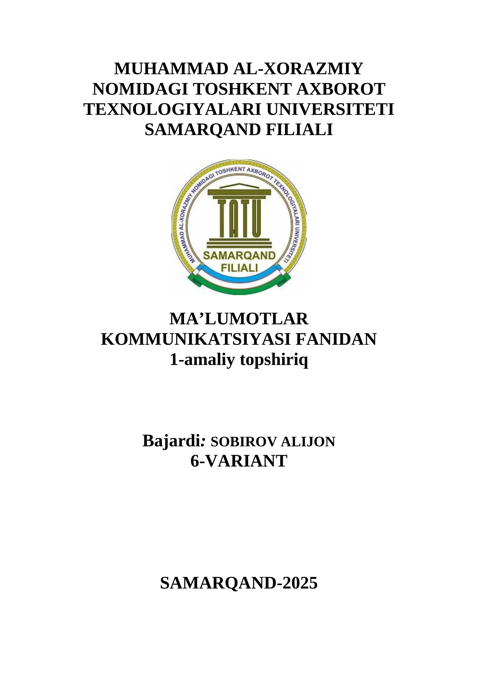 MA’LUMOTLAR KOMMUNIKATSIYASI FANIDAN