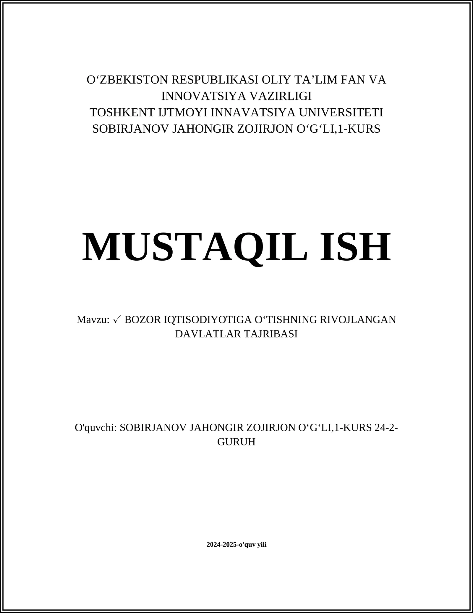 BOZOR IQTISODIYOTIGA O‘TISHNING RIVOJLANGAN DAVLATLAR TAJRIBASI