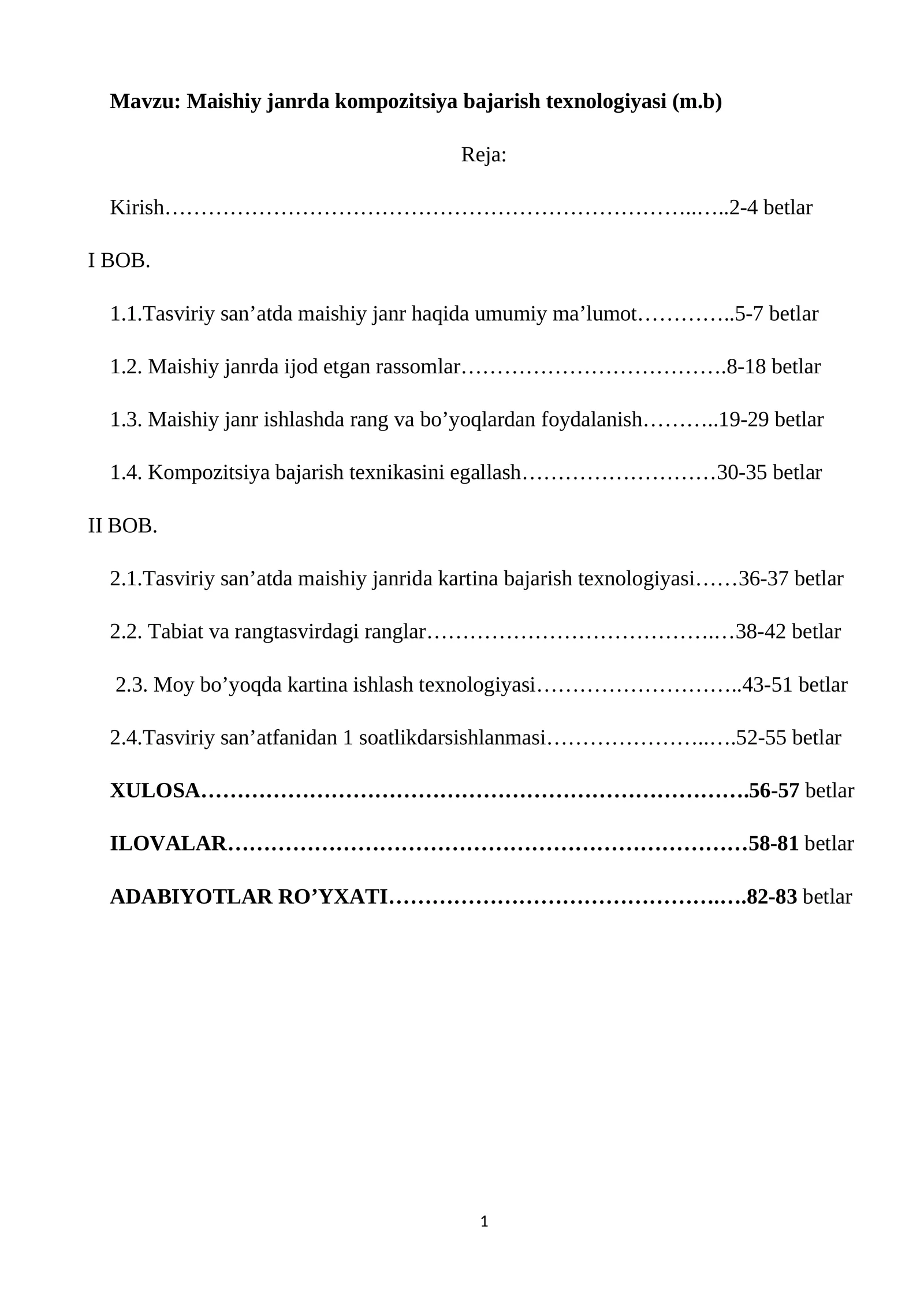 Maishiy janrda kompozitsiya bajarish texnologiyasi (m.b). Diplom ishi. Kurs ishi
