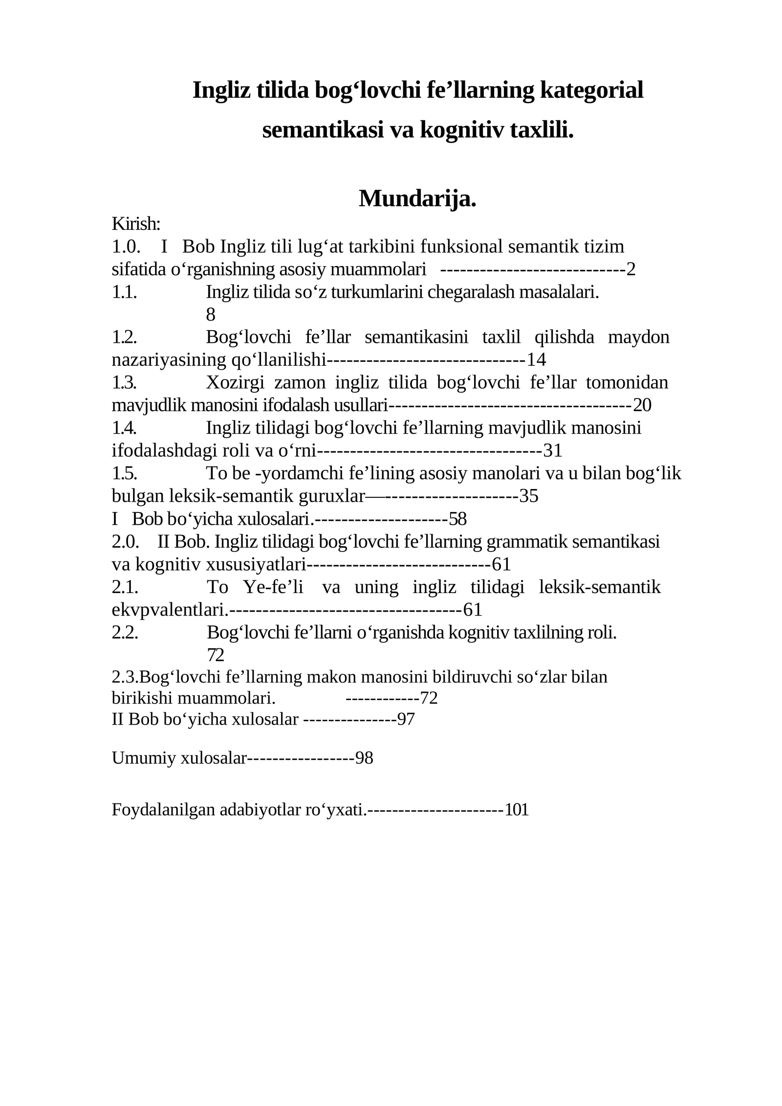 Ingliz tilida bog'lovchi fellarning kategorial semantikasi va kognitiv taxlili