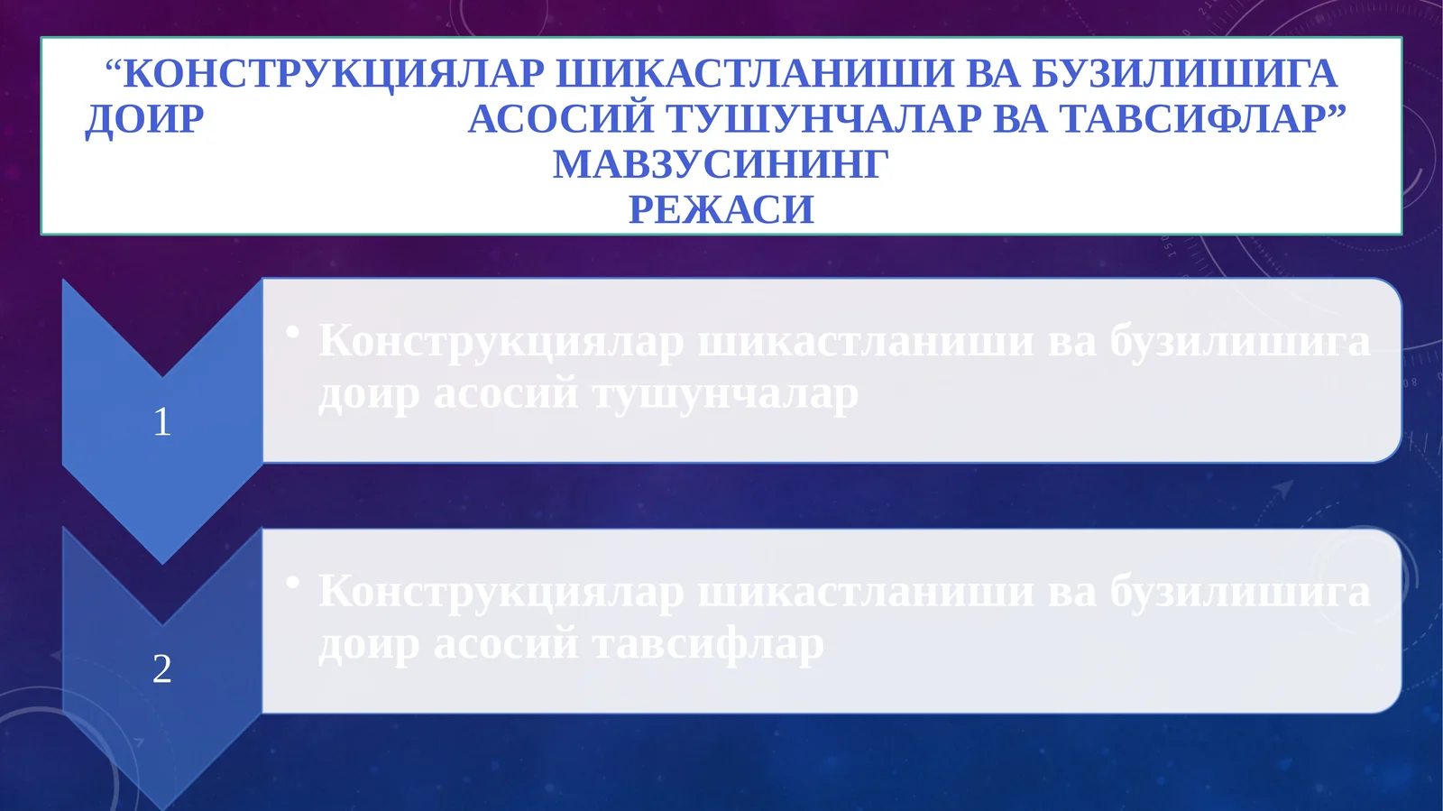"Конструкциялар шикастланиши ва бузилишига доир асосий тушунчалар ва тавсифлар" мавзуси
