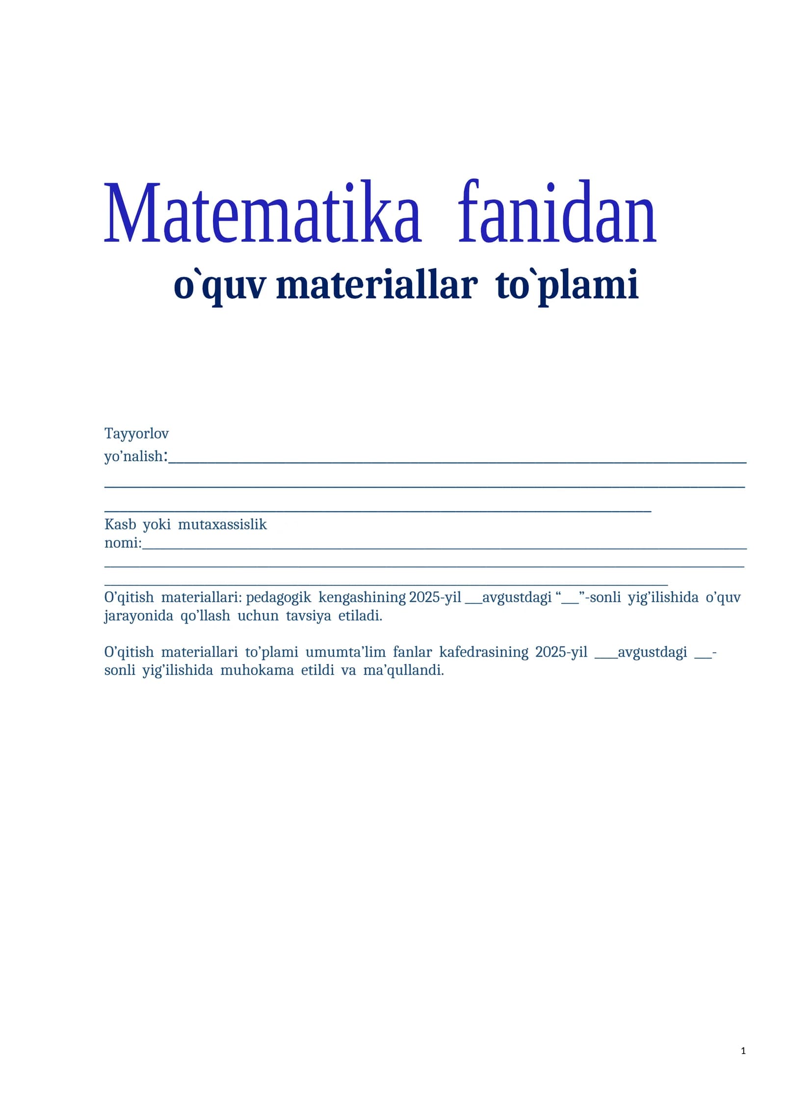 Matemetika fanidan o'qitish materiallari (2-kurs texnikum va kollejlar uchun)
