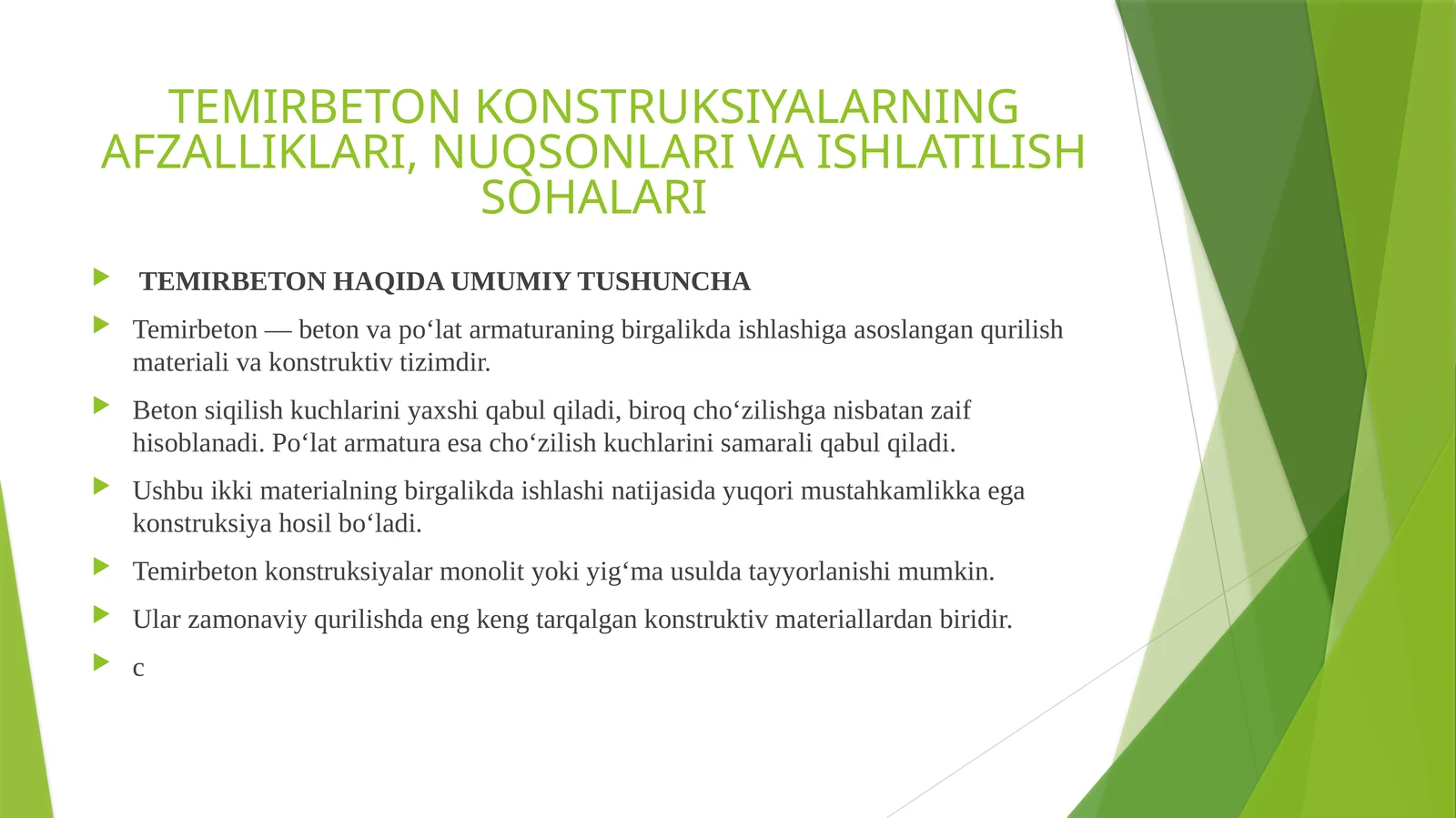 TEMIRBETON KONSTRUKSIYALARNING AFZALLIKLARI, NUQSONLARI VA ISHLATILISH SOHALARI