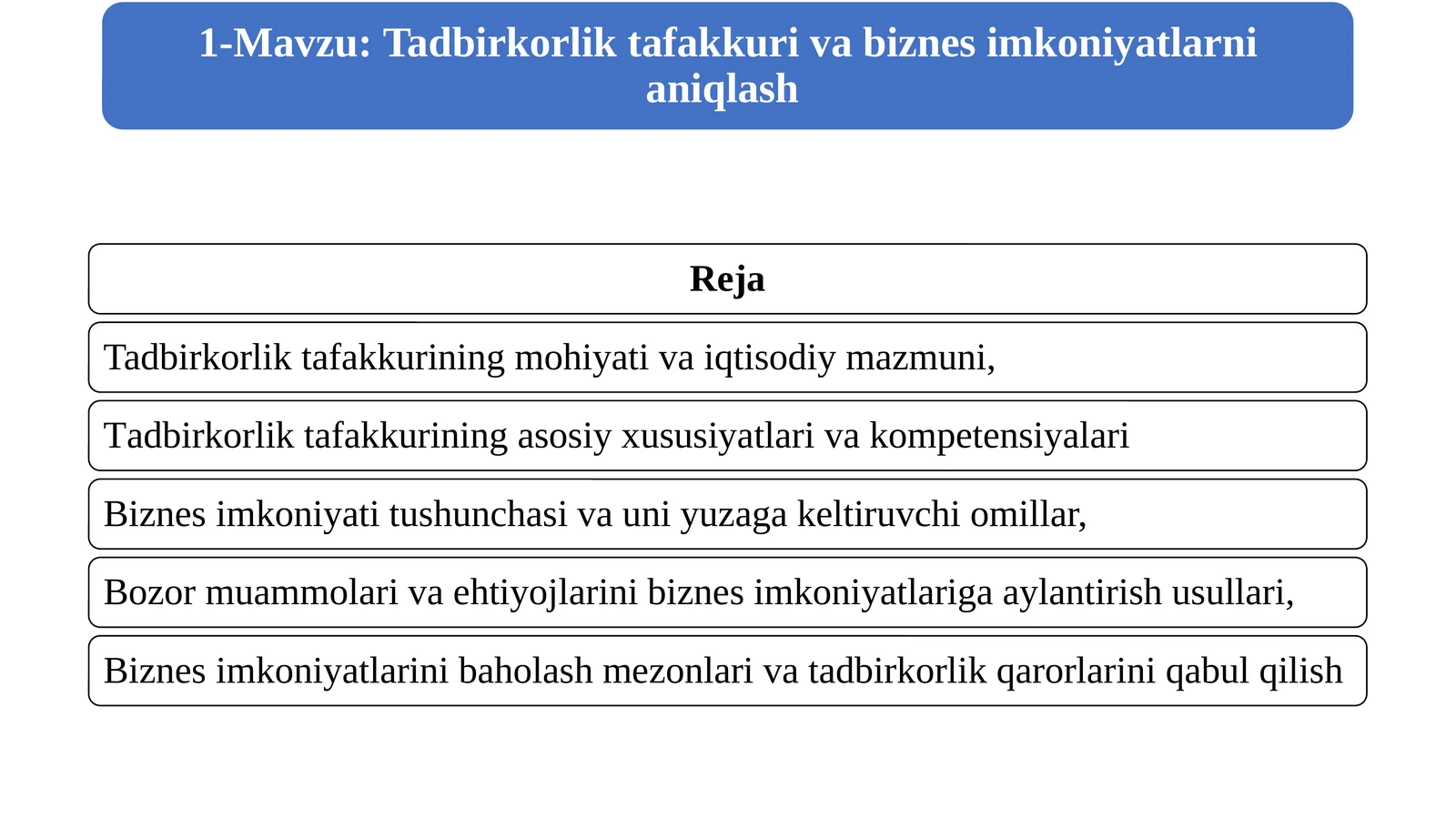 1-Mavzu. Tadbirkorlik tafakkuri va biznes imkoniyatlarni aniqlash