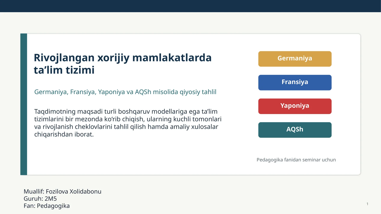 Rivojlangan xorijiy mamlakatlarda ta’lim tizimi