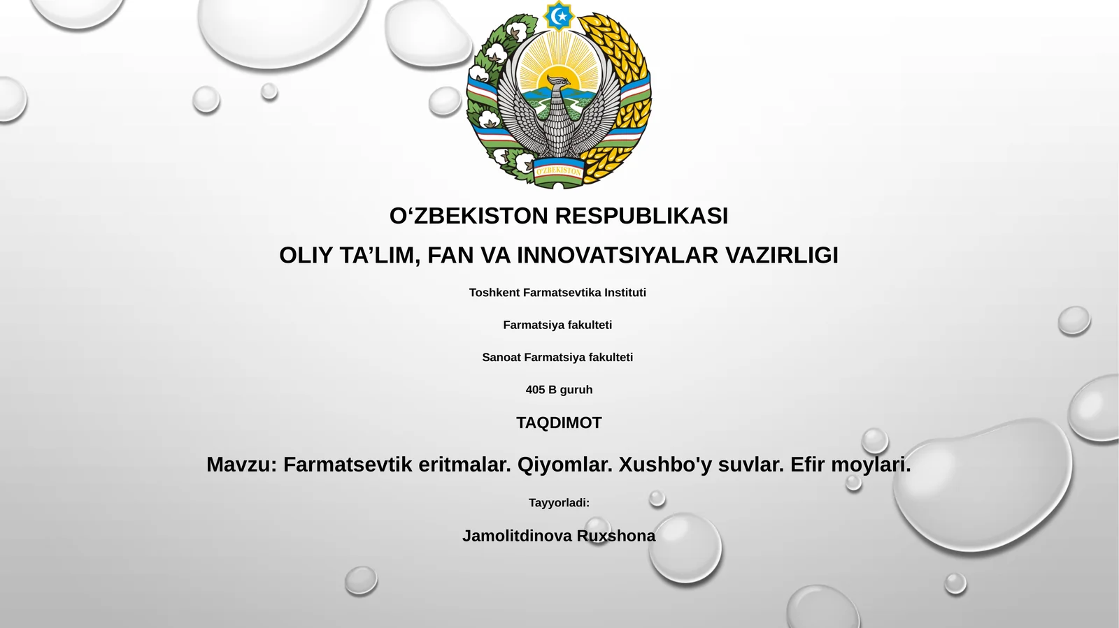 Farmatsevtik eritmalar. Qiyomlar. Xushbo'y suvlar. Efir moylari